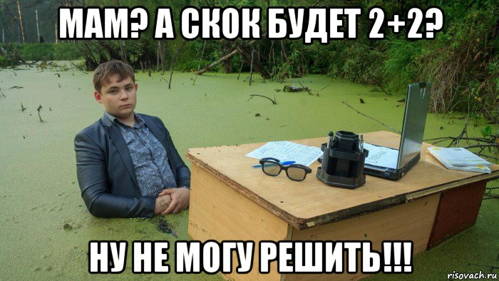 мам? а скок будет 2+2? ну не могу решить!!!, Мем  Парень сидит в болоте