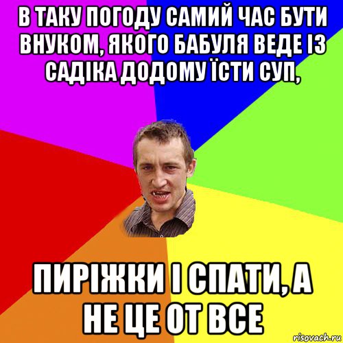 в таку погоду самий час бути внуком, якого бабуля веде із садіка додому їсти суп, пиріжки і спати, а не це от все, Мем Чоткий паца