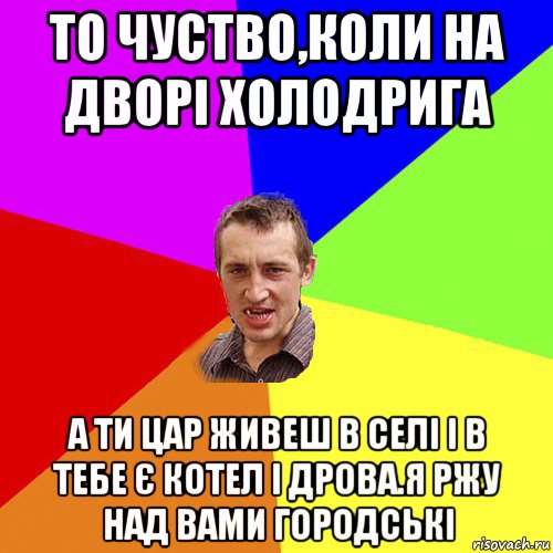 то чуство,коли на дворі холодрига а ти цар живеш в селі і в тебе є котел і дрова.я ржу над вами городські, Мем Чоткий паца