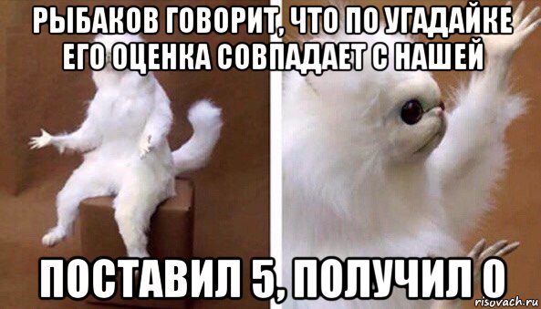 рыбаков говорит, что по угадайке его оценка совпадает с нашей поставил 5, получил 0, Мем Чучело кота