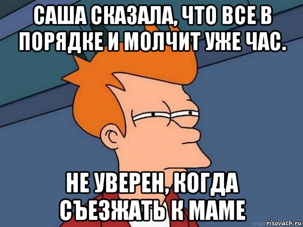 саша сказала, что все в порядке и молчит уже час. не уверен, когда съезжать к маме, Мем  Фрай (мне кажется или)