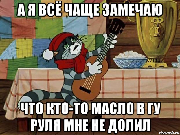 а я всё чаще замечаю что кто-то масло в гу руля мне не долил, Мем Кот Матроскин с гитарой