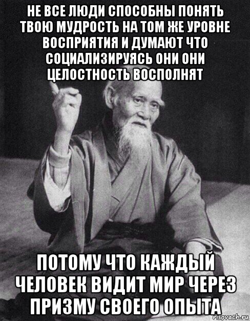 не все люди способны понять твою мудрость на том же уровне восприятия и думают что социализируясь они они целостность восполнят потому что каждый человек видит мир через призму своего опыта, Мем Монах-мудрец (сэнсей)