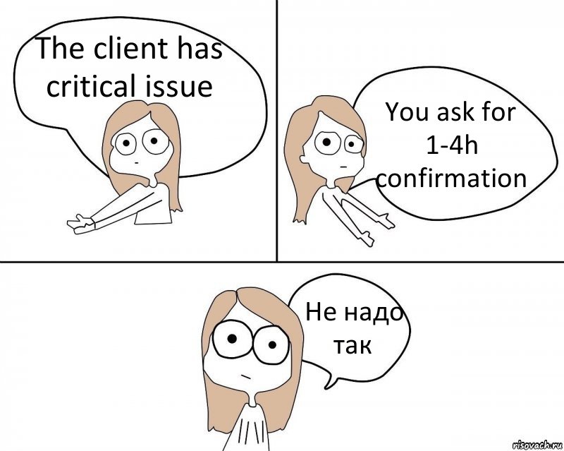 The client has critical issue You ask for 1-4h confirmation Не надо так, Комикс Не надо так