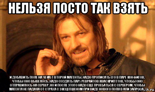 нельзя посто так взять и добавить поле на чекаут второй магенты. надо прописать его в паре конфигов, чтобы оно вывелось. надо создать пару реврайтов яваскрипттов, чтобы оно отправилось на сервер. но и после этого надо еще проебаться с сервером, чтобы магента не падала от страха с эксцепшеном при виде нового поля в апи запроса..., Мем Нельзя просто так взять и (Боромир мем)