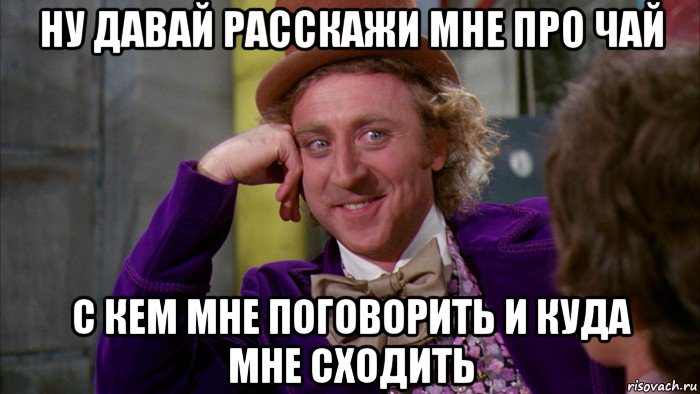 ну давай расскажи мне про чай с кем мне поговорить и куда мне сходить, Мем Ну давай расскажи (Вилли Вонка)