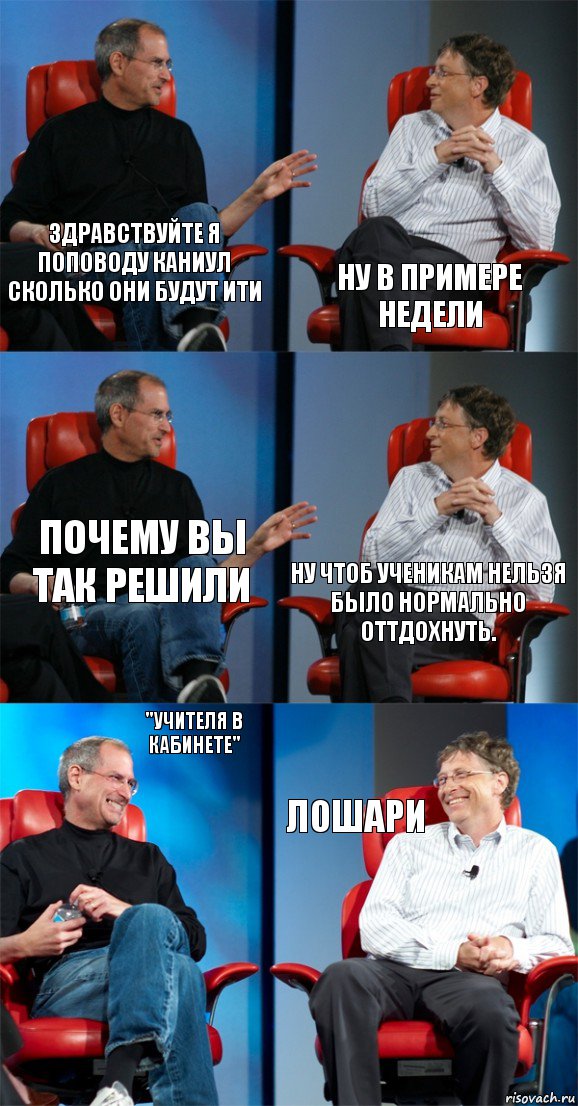 Здравствуйте я поповоду каниул сколько они будут ити Ну в примере недели Почему вы так решили Ну чтоб ученикам нельзя было нормально оттдохнуть. "учителя в кабинете" Лошари, Комикс Стив Джобс и Билл Гейтс (6 зон)