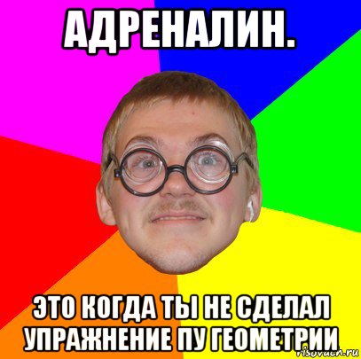 адреналин. это когда ты не сделал упражнение пу геометрии, Мем Типичный ботан