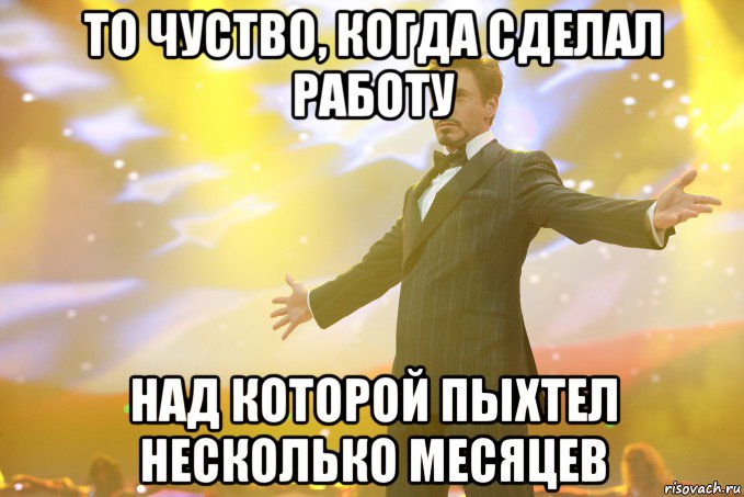 то чуство, когда сделал работу над которой пыхтел несколько месяцев, Мем Тони Старк (Роберт Дауни младший)