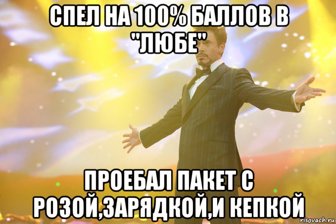 спел на 100% баллов в "любе" проебал пакет с розой,зарядкой,и кепкой, Мем Тони Старк (Роберт Дауни младший)