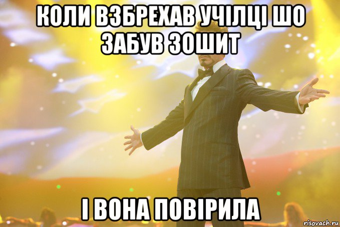 коли взбрехав учілці шо забув зошит і вона повірила, Мем Тони Старк (Роберт Дауни младший)