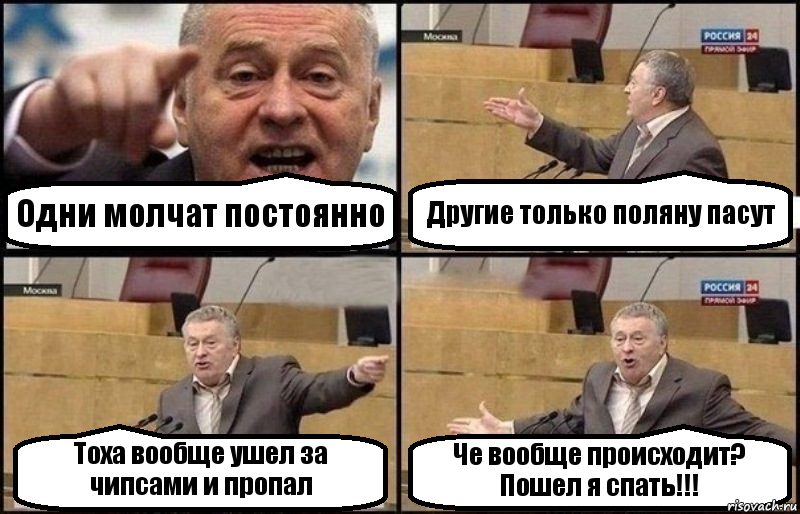 Одни молчат постоянно Другие только поляну пасут Тоха вообще ушел за чипсами и пропал Че вообще происходит? Пошел я спать!!!, Комикс Жириновский