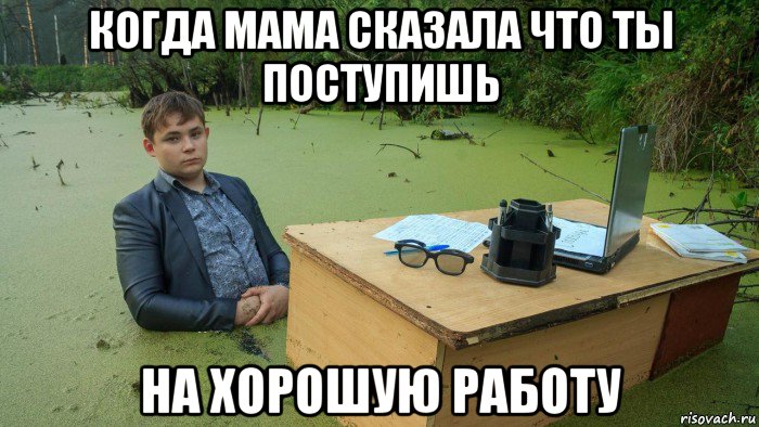 когда мама сказала что ты поступишь на хорошую работу, Мем  Парень сидит в болоте