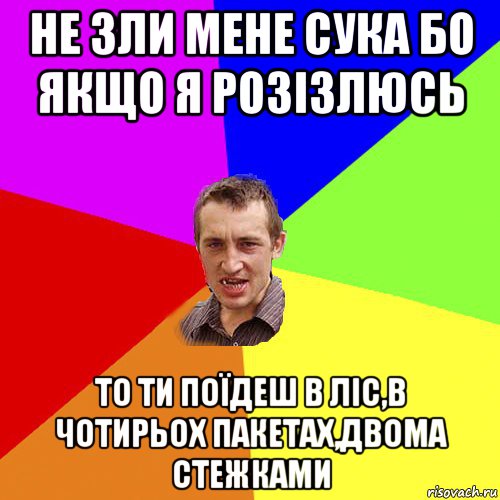 не зли мене сука бо якщо я розізлюсь то ти поїдеш в ліс,в чотирьох пакетах,двома стежками, Мем Чоткий паца