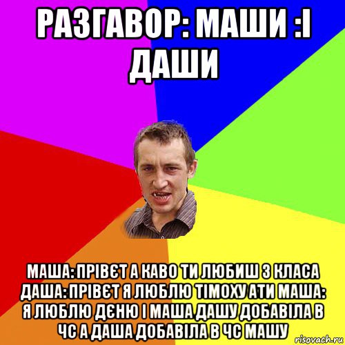 разгавор: маши :і даши маша: прівєт а каво ти любиш з класа даша: прівєт я люблю тімоху ати маша: я люблю дєню і маша дашу добавіла в чс а даша добавіла в чс машу, Мем Чоткий паца