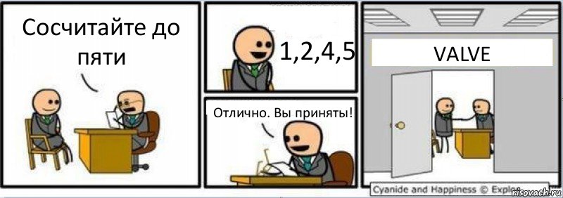 Сосчитайте до пяти 1,2,4,5 Отлично. Вы приняты! VALVE, Комикс Собеседование на работу