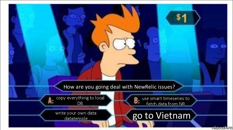 How are you going deal with NewRelic issues? copy everything to local DB use smart timeseries to fetch data from NR write your own data datatemple go to Vietnam, Комикс  фрай кто хочет стать миллионером