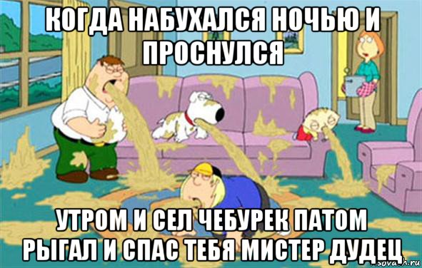 когда набухался ночью и проснулся утром и сел чебурек патом рыгал и спас тебя мистер дудец, Мем Гриффины блюют