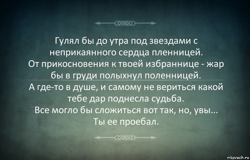 Гулял бы до утра под звездами с неприкаянного сердца пленницей.
От прикосновения к твоей избраннице - жар бы в груди полыхнул поленницей.
А где-то в душе, и самому не вериться какой тебе дар поднесла судьба.
Все могло бы сложиться вот так, но, увы... Ты ее проебал., Комикс Игра слов 3