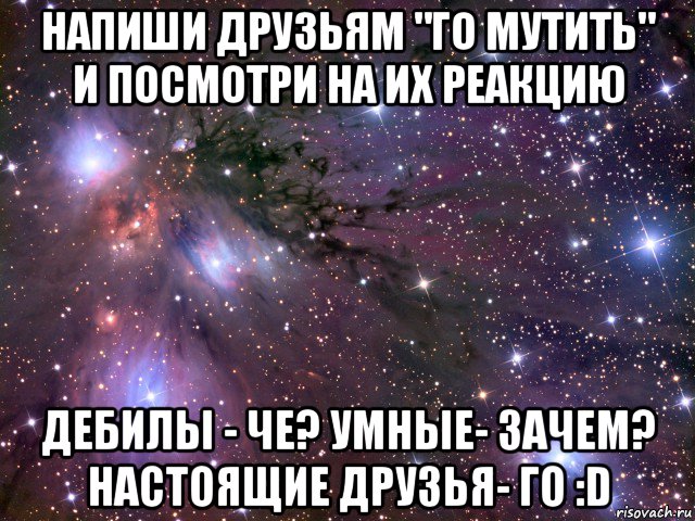 напиши друзьям "го мутить" и посмотри на их реакцию дебилы - че? умные- зачем? настоящие друзья- го :d, Мем Космос