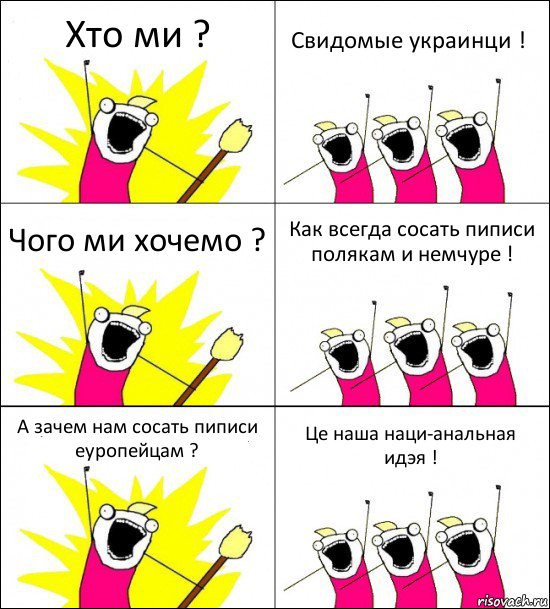 Хто ми ? Свидомые украинци ! Чого ми хочемо ? Как всегда сосать пиписи полякам и немчуре ! А зачем нам сосать пиписи еуропейцам ? Це наша наци-анальная идэя !, Комикс кто мы