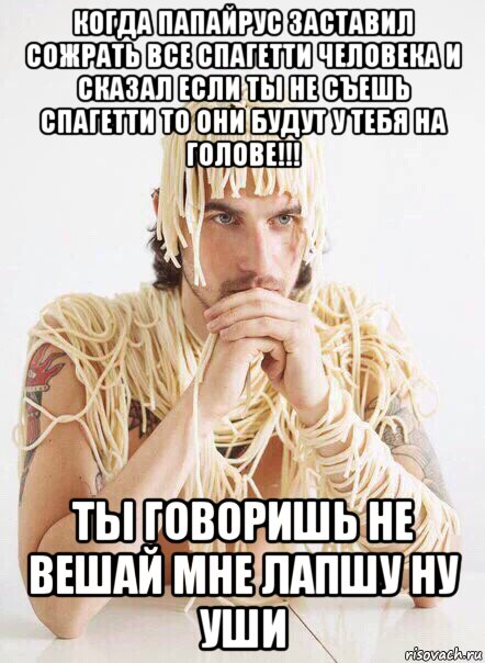 когда папайрус заставил сожрать все спагетти человека и сказал если ты не съешь спагетти то они будут у тебя на голове!!! ты говоришь не вешай мне лапшу ну уши, Мем   Лапша на ушах