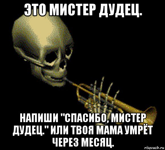 это мистер дудец. напиши "спасибо, мистер дудец." или твоя мама умрёт через месяц., Мем Мистер дудец