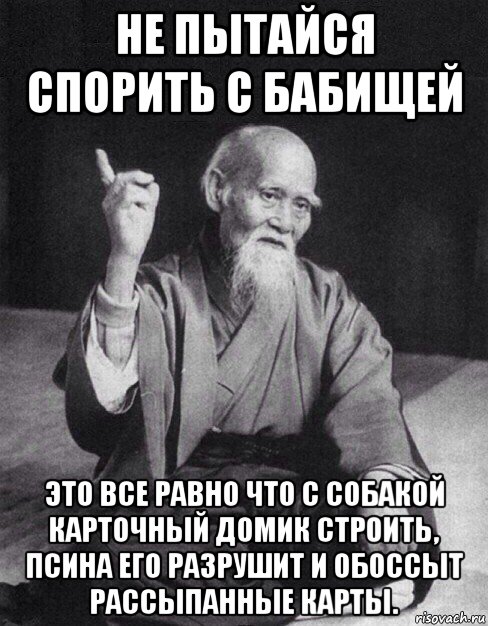 не пытайся спорить с бабищей это все равно что с собакой карточный домик строить, псина его разрушит и обоссыт рассыпанные карты., Мем Монах-мудрец (сэнсей)