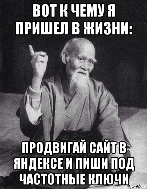 вот к чему я пришел в жизни: продвигай сайт в яндексе и пиши под частотные ключи, Мем Монах-мудрец (сэнсей)