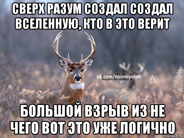 сверх разум создал создал вселенную, кто в это верит большой взрыв из не чего вот это уже логично, Мем Наивный Олень vk