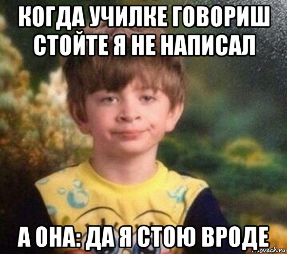 когда училке говориш стойте я не написал а она: да я стою вроде, Мем Недовольный пацан