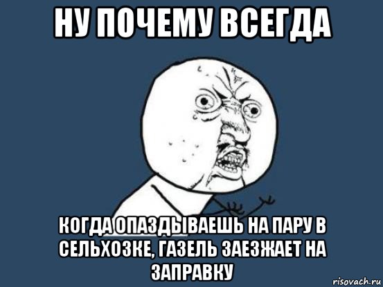 ну почему всегда когда опаздываешь на пару в сельхозке, газель заезжает на заправку, Мем Ну почему