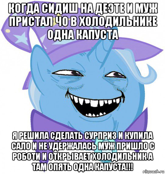 когда сидиш на деэте и муж пристал чо в холодильнике одна капуста я решила сделать сурприз и купила сало и не удержалась муж пришло с роботи и открывает холодильник а там опять одна капуста!!!, Мем Пони 3