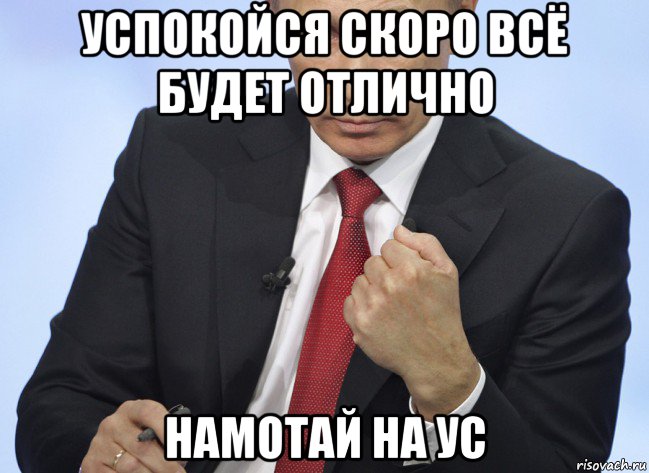 успокойся скоро всё будет отлично намотай на ус, Мем Путин показывает кулак