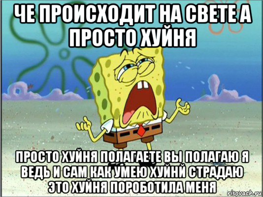 че происходит на свете а просто хуйня просто хуйня полагаете вы полагаю я ведь и сам как умею хуйнй страдаю это хуйня пороботила меня, Мем Спанч Боб плачет