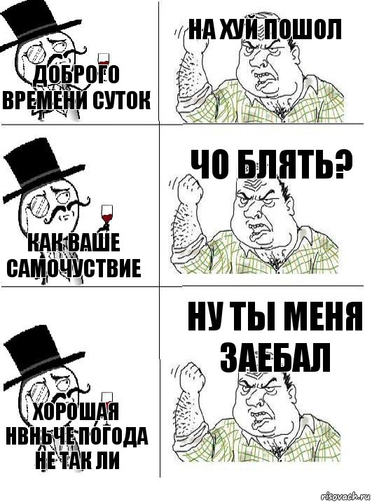 Доброго времени суток На хуй пошол Как ваше самочуствие Чо блять? Хорошая нвньче погода не так ли Ну ты меня заебал, Комикс  ты че бля интеллигент