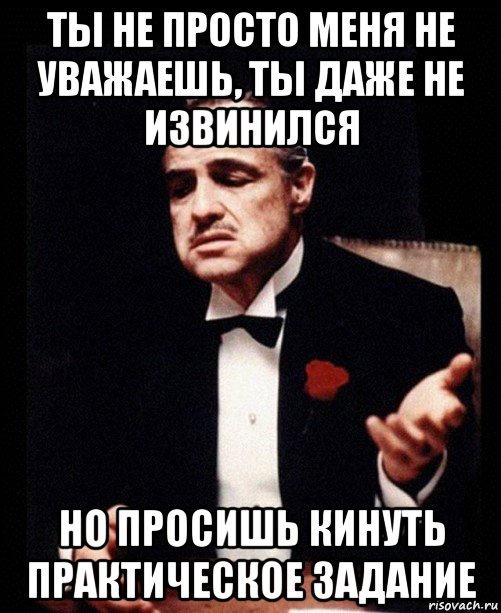 ты не просто меня не уважаешь, ты даже не извинился но просишь кинуть практическое задание, Мем ты делаешь это без уважения