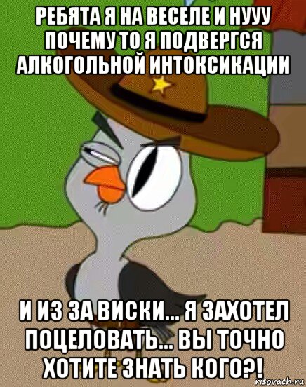 ребята я на веселе и нууу почему то я подвергся алкогольной интоксикации и из за виски... я захотел поцеловать... вы точно хотите знать кого?!, Мем    Упоротая сова