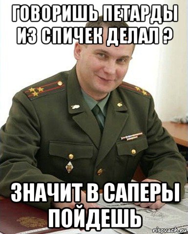 говоришь петарды из спичек делал ? значит в саперы пойдешь, Мем Военком (полковник)