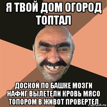 я твой дом огород топтал доской по башке мозги нафиг вылетели кровь мясо топором в живот провертел, Мем Я твой дом труба шатал