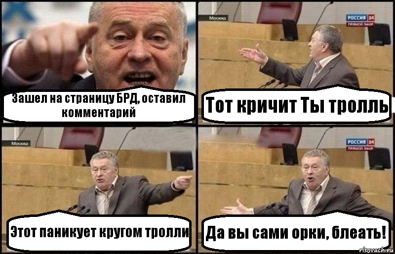 Зашел на страницу БРД, оставил комментарий Тот кричит Ты тролль Этот паникует кругом тролли Да вы сами орки, блеать!, Комикс Жириновский