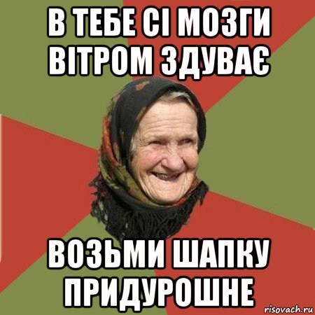 в тебе сі мозги вітром здуває возьми шапку придурошне, Мем  Бабушка