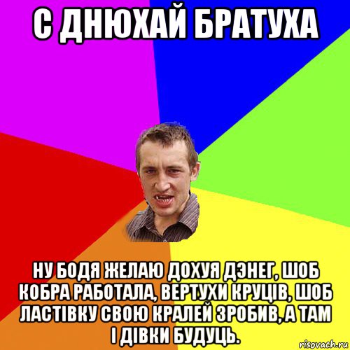 с днюхай братуха ну бодя желаю дохуя дэнег, шоб кобра работала, вертухи круцiв, шоб ластiвку свою кралей зробив, а там i дiвки будуць., Мем Чоткий паца