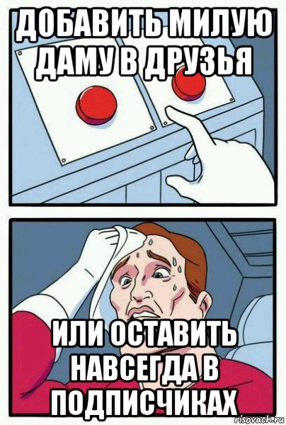 добавить милую даму в друзья или оставить навсегда в подписчиках, Мем Две кнопки