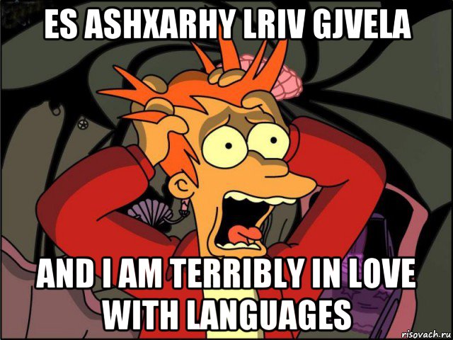 es ashxarhy lriv gjvela and i am terribly in love with languages, Мем Фрай в панике