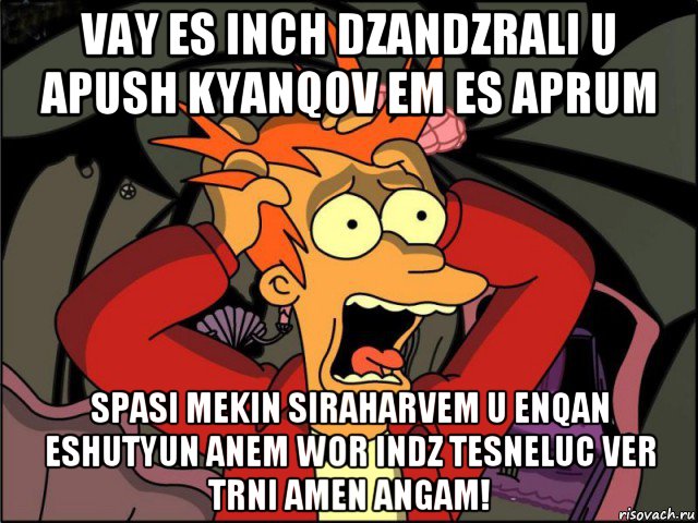 vay es inch dzandzrali u apush kyanqov em es aprum spasi mekin siraharvem u enqan eshutyun anem wor indz tesneluc ver trni amen angam!, Мем Фрай в панике