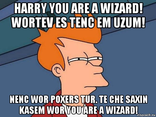 harry you are a wizard! wortev es tenc em uzum! nenc wor poxers tur. te che saxin kasem wor you are a wizard!, Мем  Фрай (мне кажется или)