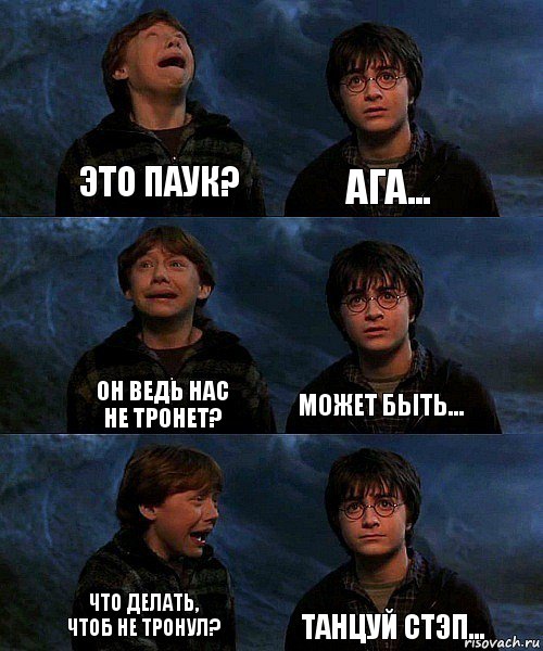 Это паук? Ага... Он ведь нас не тронет? Может быть... Что делать, чтоб не тронул? Танцуй стэп..., Комикс гарри и рон в пещере пауков