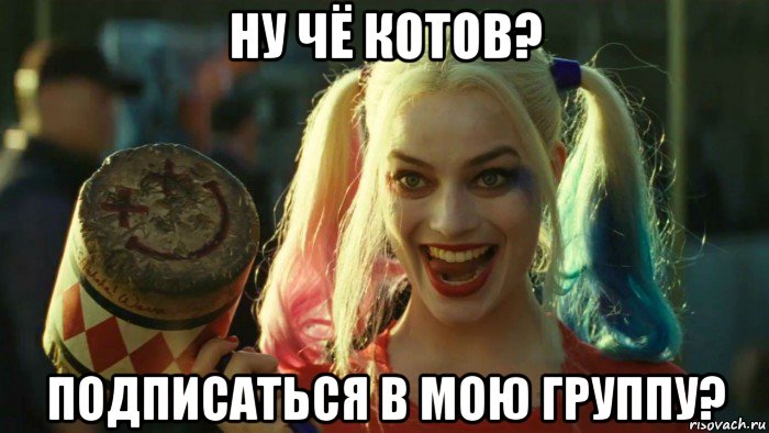 ну чё котов? подписаться в мою группу?, Мем    Harley quinn