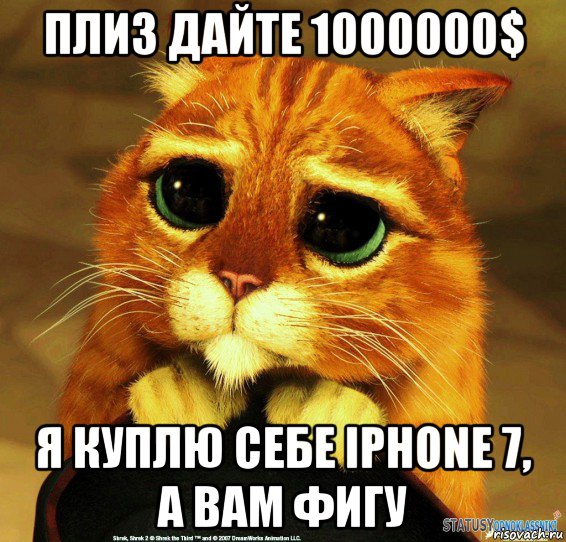 плиз дайте 1000000$ я куплю себе iphone 7, а вам фигу, Мем Котик из Шрека